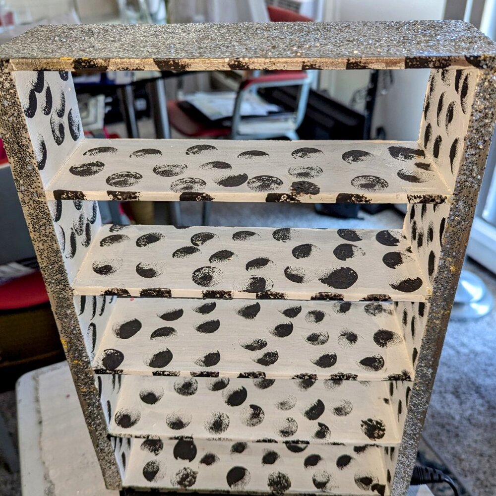 Reimagined five shelf small table or wall shelf hand painted black and white